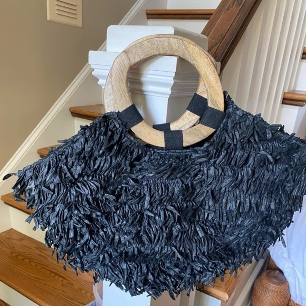 Anthropologie Black Raffia Wooden Handle Tote Bag